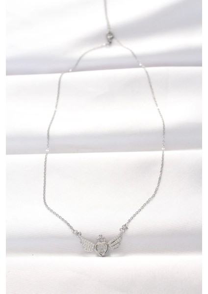 Bfs 316L Çelik Silver Renk Zirkon Taşlı Kalpli Kanat Kolye fiyatları