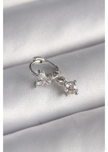 Bfs 316L Çelik Gümüş Renk Zirkon Taşlı Kelebek Model Sallantı Detay Tragus Piercing