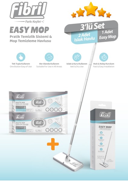 Easy Mop Pratik Temizlik Sistemi + 2 Paket Temizleme Havlusu 120 Yaprak