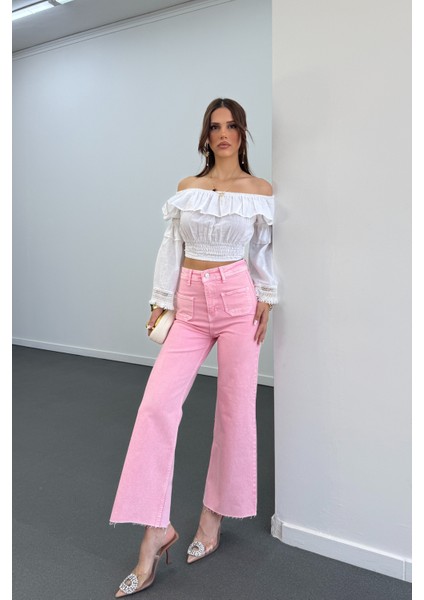 Milano Açık Pembe Cepli Yarım Flare Jeans modelleri