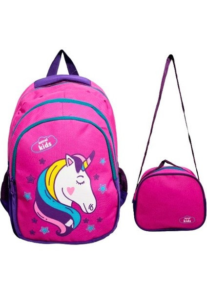 3 Gözlü Ilkokul Çantası Beslenmeli Takım Su Geçirmez Full Astarlı Unicorn