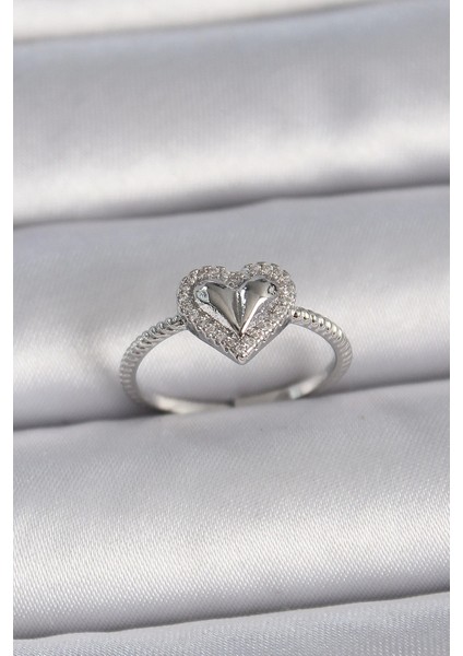 Bfs Pirinç Gümüş Renk Ayarlanabilir Zirkon Taşlı Kalp Model Kadın Yüzük