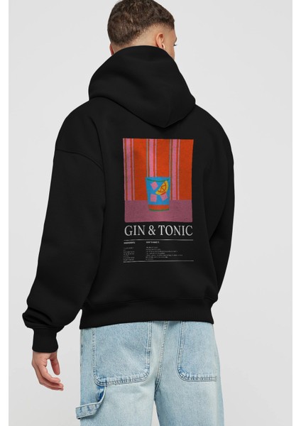 Gin Tonik Kokteyl Arka Baskılı Hoodie Oversize Kapüşonlu Sweatshirt Erkek Kadın