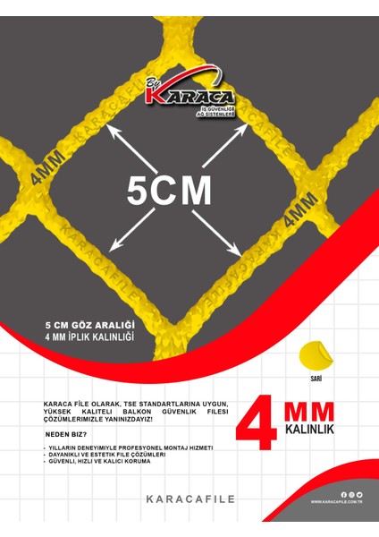 Sarı Güvenlik File 1.5 M Yükseklik | Metreyle Kesim | 4 mm Ip, 5x5 cm Göz Aralığı + Montaj Aparatları modelleri