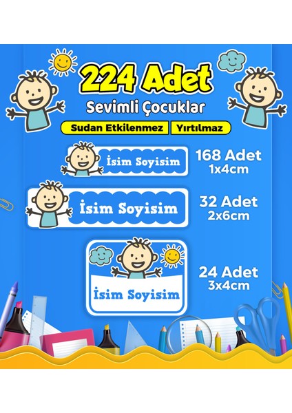 Sevimli Çocuklar Temalı Okul Kreş Kişiye Özel Isim Etiket Seti - Model 611