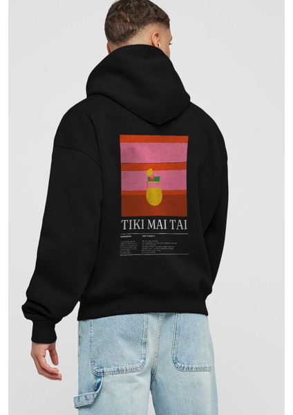 Tiki Mai Tai Kokteyl Arka Baskılı Hoodie Oversize Kapüşonlu Sweatshirt Erkek Kadın