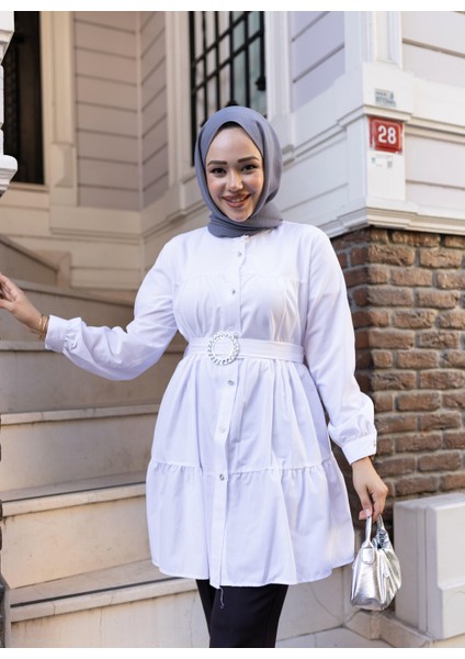 Kadın Düğmeli Kemer Detaylı Beyaz Gömlek