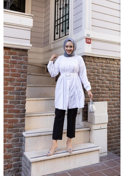 Kadın Düğmeli Kemer Detaylı Beyaz Gömlek fiyatları