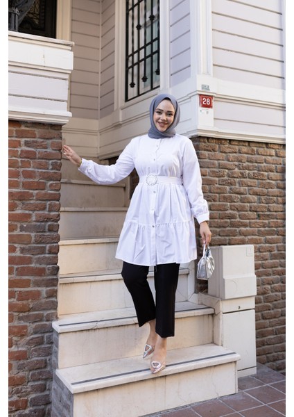 Kadın Düğmeli Kemer Detaylı Beyaz Gömlek modelleri