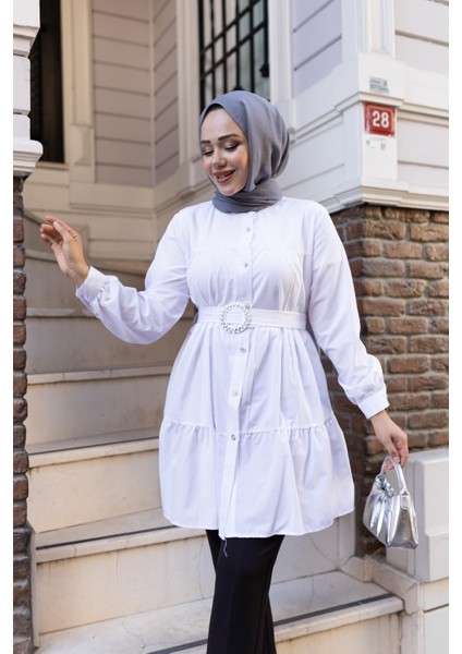 Kadın Düğmeli Kemer Detaylı Beyaz Gömlek fırsatları
