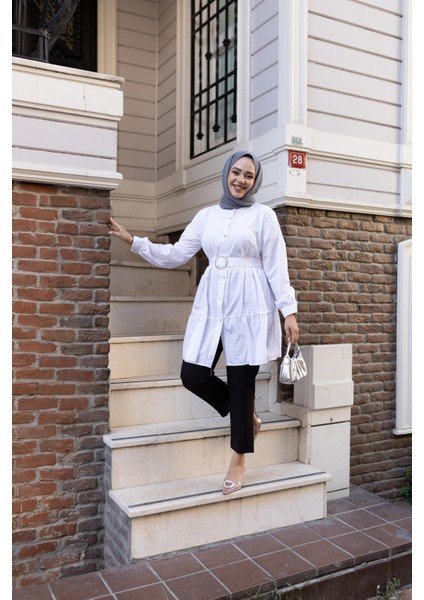 Kadın Düğmeli Kemer Detaylı Beyaz Gömlek indirimleri