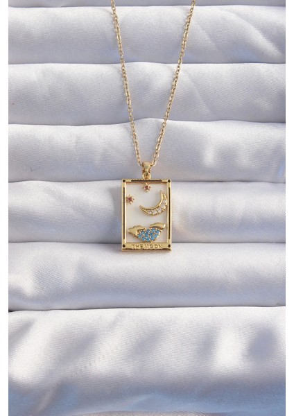 Bfs 316L Çelik Zincir Gold Renk Ay Detay Mavi Zirkon Taşlı Tarot Kolye