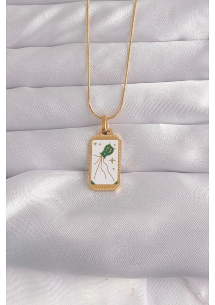 Bfs 316L Çelik Gold Renk Beyaz Mineli Tarot Kolye