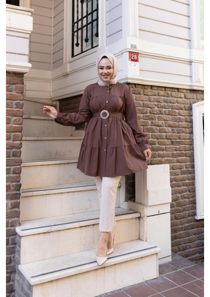 Kadın Düğmeli Kemer Detaylı Kahverengi Gömlek fiyatları