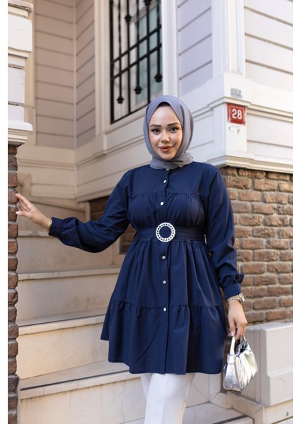 Kadın Düğmeli Kemer Detaylı Lacivert Gömlek