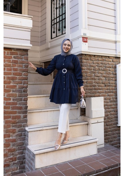 Kadın Düğmeli Kemer Detaylı Lacivert Gömlek modelleri