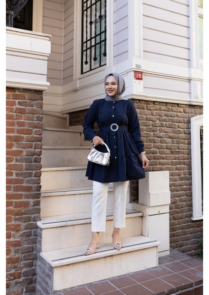 Kadın Düğmeli Kemer Detaylı Lacivert Gömlek fırsatları