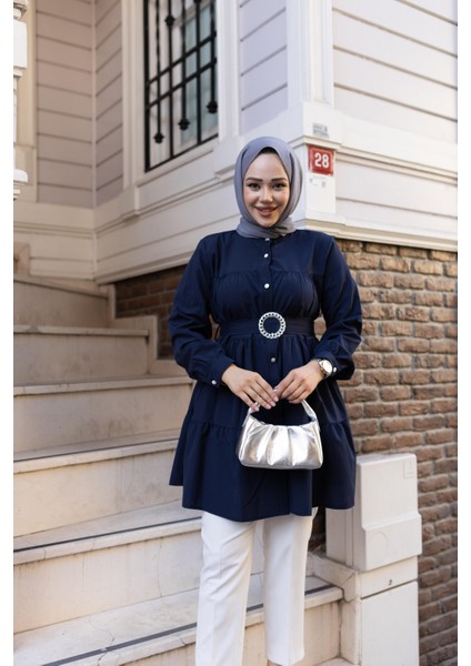 Kadın Düğmeli Kemer Detaylı Lacivert Gömlek indirimleri