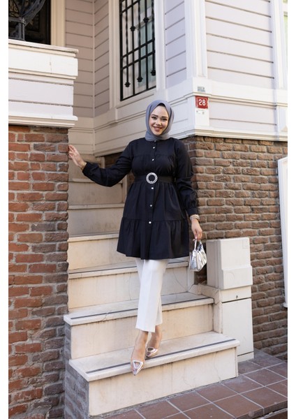 Kadın Düğmeli Kemer Detaylı Siyah Gömlek fiyatları