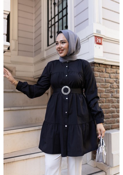 Kadın Düğmeli Kemer Detaylı Siyah Gömlek modelleri