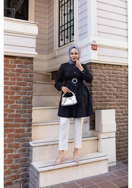 Kadın Düğmeli Kemer Detaylı Siyah Gömlek fırsatları