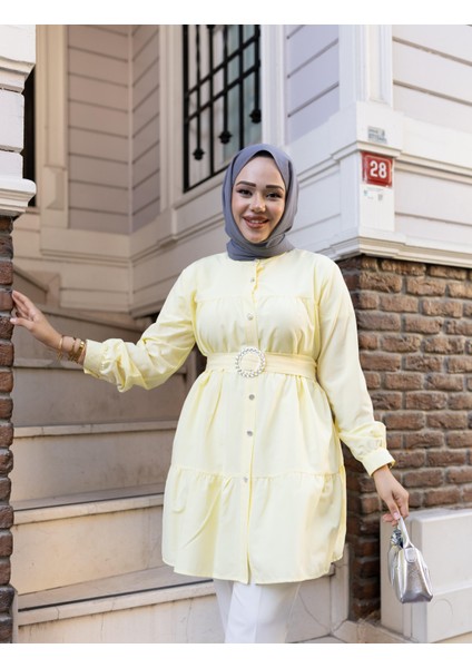 Kadın Düğmeli Kemer Detaylı Sarı Gömlek