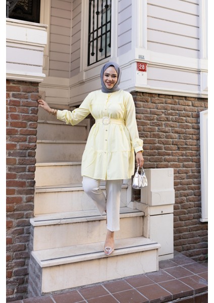 Kadın Düğmeli Kemer Detaylı Sarı Gömlek fiyatları