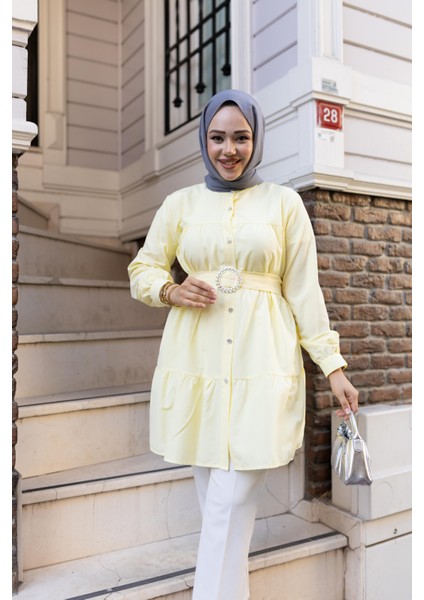 Kadın Düğmeli Kemer Detaylı Sarı Gömlek modelleri