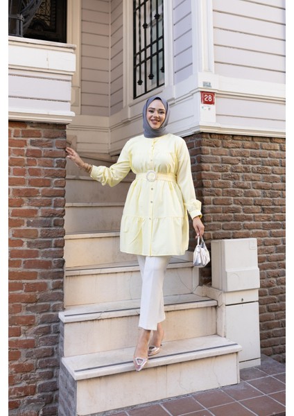 Kadın Düğmeli Kemer Detaylı Sarı Gömlek fırsatları