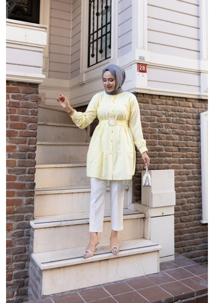 Kadın Düğmeli Kemer Detaylı Sarı Gömlek indirimleri