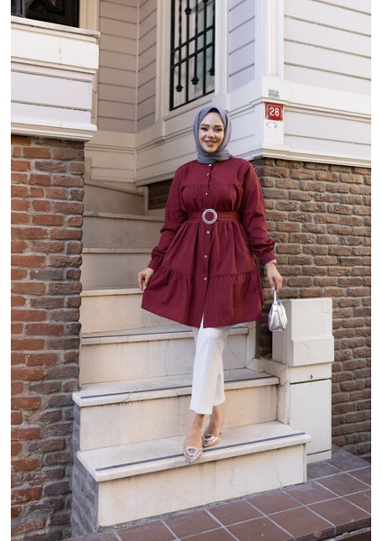 Kadın Düğmeli Kemer Detaylı Mor Gömlek fiyatları