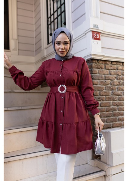 Kadın Düğmeli Kemer Detaylı Mor Gömlek modelleri