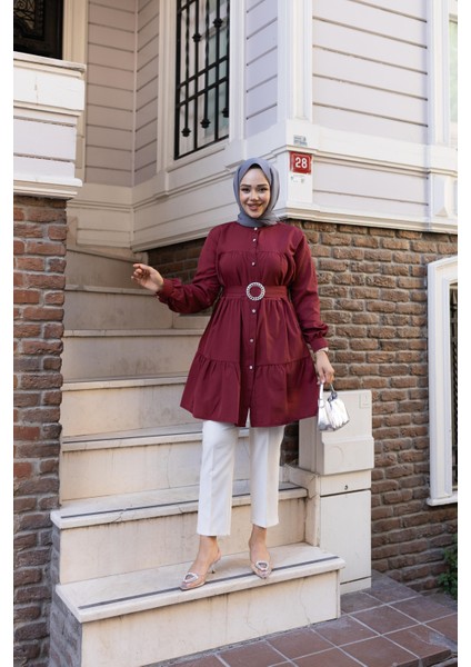 Kadın Düğmeli Kemer Detaylı Mor Gömlek fırsatları