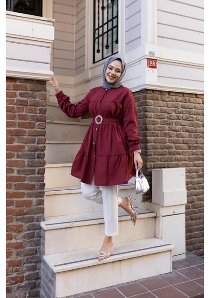 Kadın Düğmeli Kemer Detaylı Mor Gömlek indirimleri