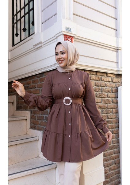 Kadın Düğmeli Kemer Detaylı Kahverengi Gömlek