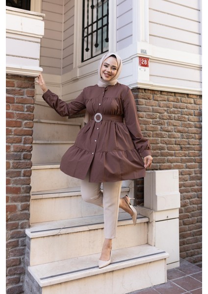 Kadın Düğmeli Kemer Detaylı Kahverengi Gömlek modelleri