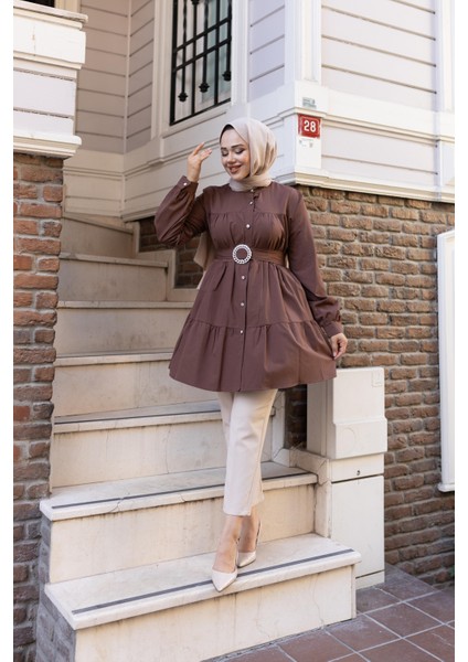 Kadın Düğmeli Kemer Detaylı Kahverengi Gömlek fırsatları