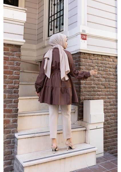 Kadın Düğmeli Kemer Detaylı Kahverengi Gömlek indirimleri