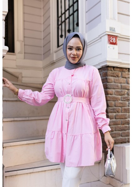 Kadın Düğmeli Kemer Detaylı Pembe Gömlek