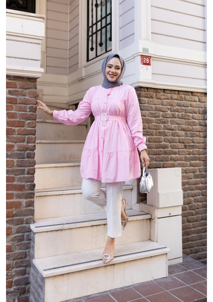 Kadın Düğmeli Kemer Detaylı Pembe Gömlek fiyatları