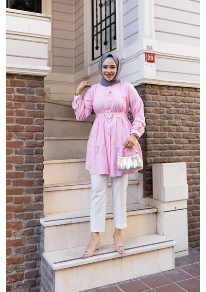 Kadın Düğmeli Kemer Detaylı Pembe Gömlek modelleri