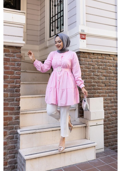 Kadın Düğmeli Kemer Detaylı Pembe Gömlek fırsatları