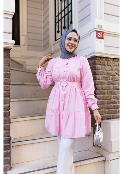 Kadın Düğmeli Kemer Detaylı Pembe Gömlek indirimleri