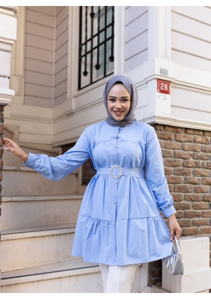 Kadın Düğmeli Kemer Detaylı Mavi Gömlek