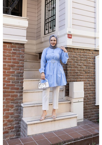 Kadın Düğmeli Kemer Detaylı Mavi Gömlek fiyatları