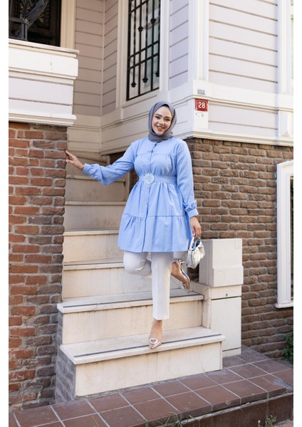 Kadın Düğmeli Kemer Detaylı Mavi Gömlek modelleri