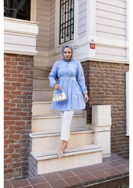 Kadın Düğmeli Kemer Detaylı Mavi Gömlek fırsatları