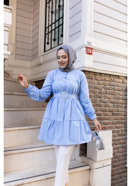 Kadın Düğmeli Kemer Detaylı Mavi Gömlek indirimleri