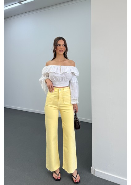 Milano Açık Sarı Cepli Yarım Flare Jeans