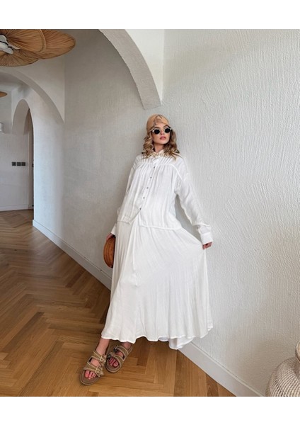 Beyaz Tesettüre Uygun Astarlı Gömlek Etek Pamuklu Takım